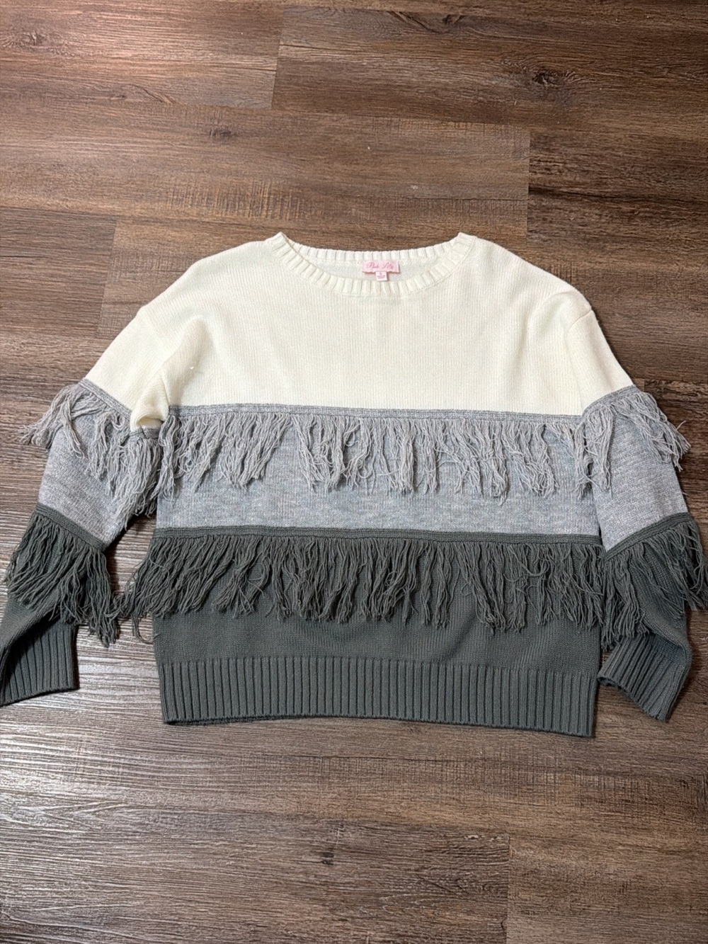 Pink Lily Colorblock Fringe Crewneck Sweater - Ivory, Light Gray & Olive